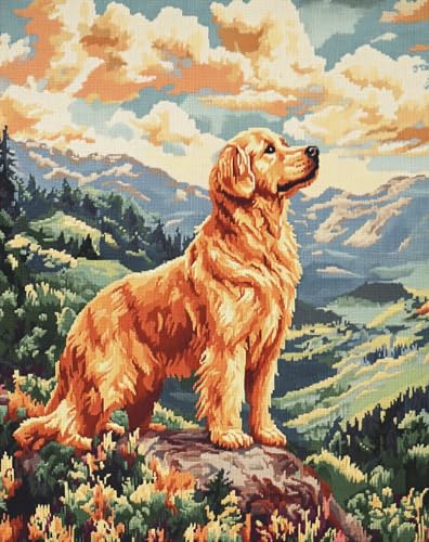 AMBATTERY DIY Handarbeit Setgolden Retriever Hund Tier Und Landschaft Knüpfset Mit Werkzeug Latch Hook Kit Knüpfteppich 3D Knüpfmatte Zum Selber Knüpfen Teppich Für Erwachsene Oder Anfänger 23x35in von AMBATTERY