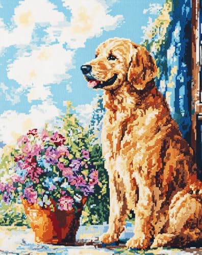 AMBATTERY DIY Handarbeit Setgolden Retriever Hund Tier Und Topfpflanzen Knüpfteppich Set Erwachsene Groß Knüpfsets Latch Hook Kit Selbst Knüpfen Für Farbmuster Vorbedruckt 35x46in von AMBATTERY