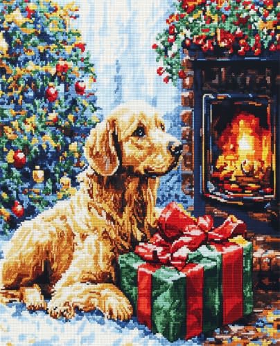 AMBATTERY DIY Handarbeit Setgolden Retriever Hund Und Weihnachtsbaum Knüpfteppich Für Erwachsene Zum Selber Knüpfen，DIY Knüpfsets Kreuzstich Teppich Set Mit Werkzeug Latch Hook Kit 35x46in von AMBATTERY