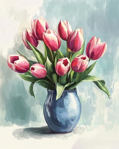 AMBATTERY DIY Handarbeit Setrote Tulpen In Der Vase Knüpfteppich Set Erwachsene Groß Knüpfsets Latch Hook Kit Selbst Knüpfen Für Farbmuster Vorbedruckt 23x35in von AMBATTERY