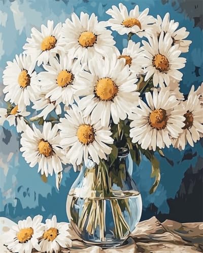 AMBATTERY DIY Knüpf-Sets Teppich Weiße Gänseblümchen In Der Vase Knüpfteppich Set Erwachsene Groß Knüpfsets Latch Hook Kit Selbst Knüpfen Für Farbmuster Vorbedruckt 23x35in von AMBATTERY