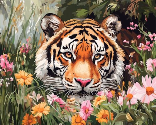 AMBATTERY DIY Knüpfen Set Erwachsene Cartoon-Tiger Und Blumen Knüpfsets Latch Hook Kit Selbst Für Erwachsene,Farbmuster Vorbedruckt Knüpfhaken Teppich Set 31x63in von AMBATTERY