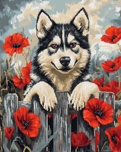 AMBATTERY DIY Knüpfhaken Set Husky-Hundetiere Und Blumen Handarbeit Set Knüpfen Teppich Knüpfen Kreuzstich Kits Für Erwachsene Oder Anfänger Knüpfteppich Kit Groß 21x29in von AMBATTERY