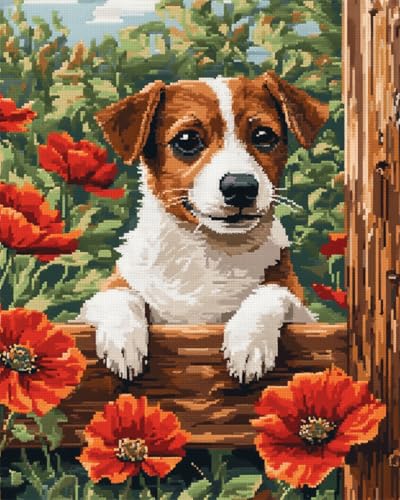 AMBATTERY DIY Knüpfhaken Set Jack Russell Terrier Tier Und Blumen Knüpfset Mit Werkzeug Latch Hook Kit Knüpfteppich 3D Knüpfmatte Zum Selber Knüpfen Teppich Für Erwachsene Oder Anfänger 31x63in von AMBATTERY