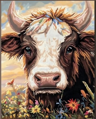 AMBATTERY DIY Knüpfhaken Set Kuhtier Und Blumen Knüpfset Mit Werkzeug Latch Hook Kit Knüpfteppich 3D Knüpfmatte Zum Selber Knüpfen Teppich Für Erwachsene Oder Anfänger 31x63in von AMBATTERY