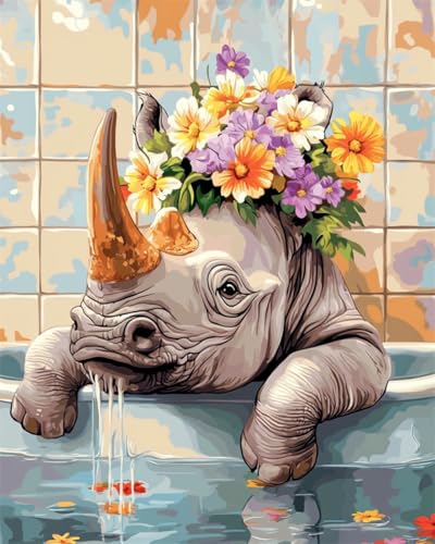 AMBATTERY DIY Knüpfhaken Set Nashorn Tier Und Blumen DIY Tapisserie Teppich Zum Selber Knüpfen Knüpf-Sets Kreuzstich Set Für Erwachsene Handwerk Geschenke 31x63in von AMBATTERY