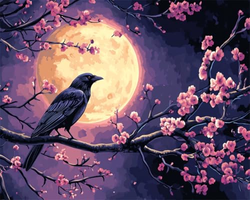 AMBATTERY DIY Knüpfkissen Cartoon Krähe Tier Und Mond Knüpfteppich Set Erwachsene Groß Knüpfsets Latch Hook Kit Selbst Knüpfen Für Farbmuster Vorbedruckt 23x35in von AMBATTERY