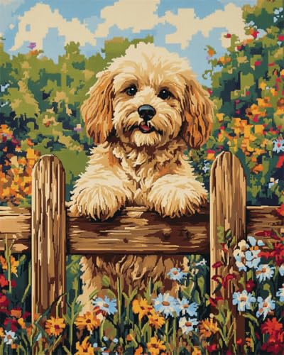 AMBATTERY DIY Knüpfkissen Cocker Spaniel Tier Und Blumen Knüpfteppich Für Erwachsene Zum Selber Knüpfen，DIY Knüpfsets Kreuzstich Teppich Set Mit Werkzeug Latch Hook Kit 31x45in von AMBATTERY