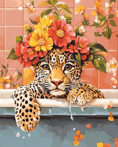 AMBATTERY DIY Knüpfkissen Leopardentier Und Blumen Knüpfteppich Für Erwachsene Zum Selber Knüpfen，DIY Knüpfsets Kreuzstich Teppich Set Mit Werkzeug Latch Hook Kit 31x45in von AMBATTERY