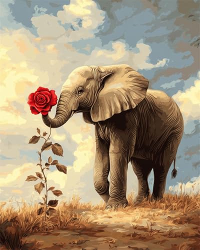 AMBATTERY DIY Knüpfteppich Cartoon-Elefant Und Rote Rosen Knüpfteppich Set Erwachsene Groß Knüpfsets Latch Hook Kit Selbst Knüpfen Für Farbmuster Vorbedruckt 23x35in von AMBATTERY
