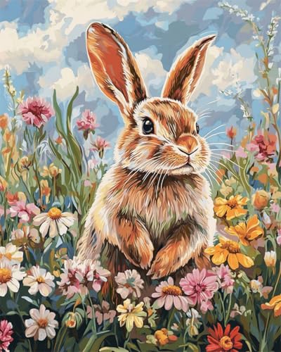 AMBATTERY DIY Knüpfteppich Set Cartoon Kaninchen Tiere Und Blumen Tapisserie Teppich Knüpf-Sets Kreuzstich Kit Knüpfen Set Für Erwachsene DIY Handwerk Geschenke Fußabtreter 21x29in von AMBATTERY
