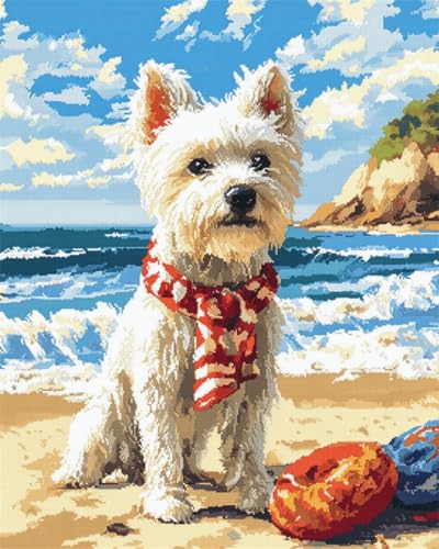AMBATTERY DIY Knüpfteppich Set Hundetier Am Strand Eppich Knüpfen Set，Knüpfteppich Zum Selber Knüpfen Mit Bedruckter Leinwand，Knüpfkissen Set Für Erwachsene 23x35in von AMBATTERY