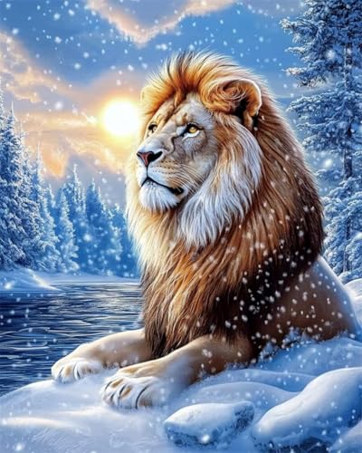 AMBATTERY DIY Knüpfteppich Set Löwentier Im Schnee Knüpfteppich Zum Selber Knüpfset Knüpfen Set 3D Teppich Tapisserie Set Für Erwachsene Anfänger Geschenk Latch Hook Kit 23x35in von AMBATTERY