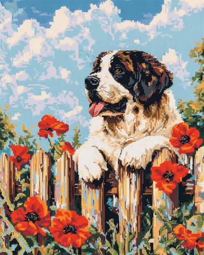 AMBATTERY DIY Knüpfteppich Set Vorgedruckt Bernhardiner Tier Und Blumen Knüpfteppich Zum Selber Knüpfen Erwachsene Anfänger Knüpfen Set Kissen Knüpfkissen Mit Vordruck Handarbeit Kit 35x46in von AMBATTERY