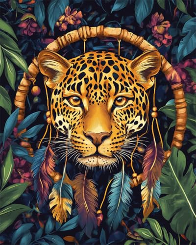 AMBATTERY DIY Knüpfteppich Set Vorgedruckt Cartoon-Leopard Und Traumfänger DIY Knüpfhaken Set Knüpfteppich Zum Selber Knüpf-Sets Mit Kissen Knüpfen-Set Knüpfen Kit Anfänger Vorgedruckt 31x45in von AMBATTERY