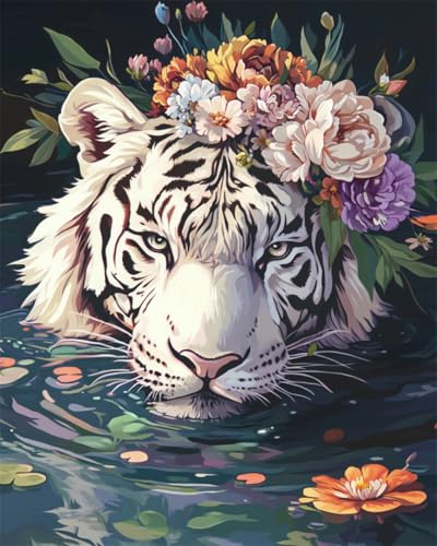 AMBATTERY DIY Knüpfteppich Set Weißer Tiger Tier Und Blumen Knüpfteppich Für Erwachsene Zum Selber Knüpfen，DIY Knüpfsets Kreuzstich Teppich Set Mit Werkzeug Latch Hook Kit 31x63in von AMBATTERY