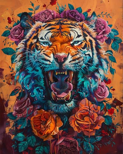 AMBATTERY DIY Knüpfteppich Tiger Tier Und Blumen Knüpfset Mit Werkzeug Latch Hook Kit Knüpfteppich 3D Knüpfmatte Zum Selber Knüpfen Teppich Für Erwachsene Oder Anfänger 35x46in von AMBATTERY