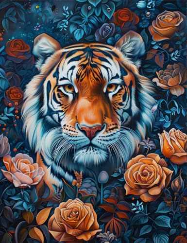 AMBATTERY DIY Knüpfteppich Tiger Tier Und Blumen Knüpfteppich Set Für Erwachsene Zum Selber，Teppich Rasthaken Knüpfen Set Mit Vordruck，DIY 3D Handwerk Geschenk 23x35in von AMBATTERY