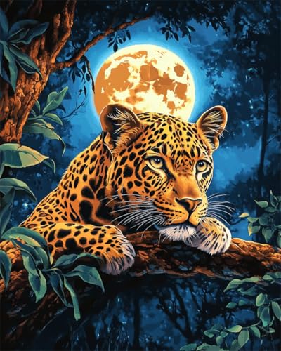AMBATTERY DIY Knüpfteppich Zum Selber Knüpfen Fantasiewald Leopard Und Mond Knüpfteppich Set Erwachsene Groß Knüpfsets Latch Hook Kit Selbst Knüpfen Für Farbmuster Vorbedruckt 23x35in von AMBATTERY