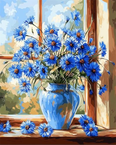 AMBATTERY DIY Set Erwachsene Blaue Blumen In Der Vase Knüpfteppich Zum Selber Knüpfset Knüpfen Set 3D Teppich Tapisserie Set Für Erwachsene Anfänger Geschenk Latch Hook Kit 35x46in von AMBATTERY