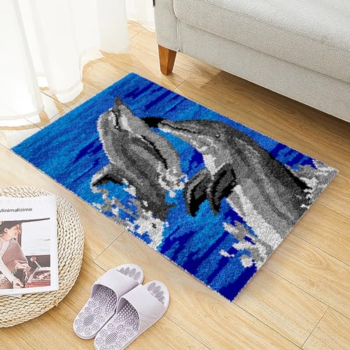 AMBATTERY DIY Set Erwachsene Blauer Delphin DIY Latch Hook Kits DIY Wandteppich Teppich Herstellung Für Kinder Erwachsene Anfänger Wohnkultur 21x29in von AMBATTERY