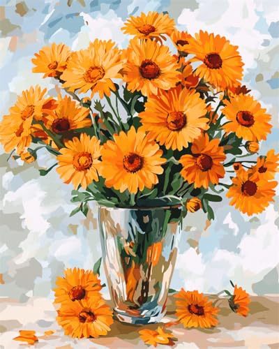 AMBATTERY DIY Teppich Knüpfen Set Erwachsene Orangefarbene Chrysanthemen In Der Vase Knüpfteppich Set Groß Zum Selber Knüpf-Sets Mit Kissen Knüpfen-Set Für Erwachsene 31x63in von AMBATTERY