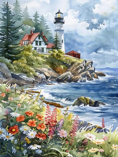 AMBATTERY Knüpfen Set Erwachsene Ölgemälde „Leuchtturm Am Meer“ Knüpfteppich Für Erwachsene Zum Selber Knüpfen, DIY Knüpfsets Kreuzstich Teppich Set Mit Werkzeug Latch Hook Kit 31x45in von AMBATTERY