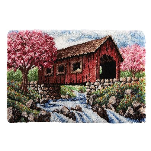 AMBATTERY Knüpfen Set Erwachsene Waldhütte Landschaft DIY Latch Hook Teppich Kits für Kinder,Häkelset für Anfänger,Teppich Herstellung Kits mit bedruckter Leinwand 20x15in von AMBATTERY