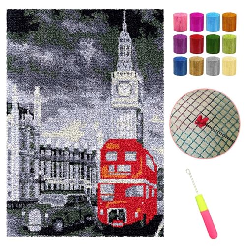 AMBATTERY Knüpfhaken Set London Big Ben Latch Hook Teppich Set Teppiche Knüpfen Kreuzstich Set für Kinder und Erwachsene Teppich machen Werkzeugkasten 20x15in von AMBATTERY