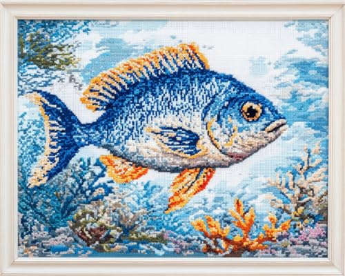 AMBATTERY Knüpfkissen Blauer Fisch Tier Großer Riegel Haken Teppich, Vorgedrucktes Muster Leinwand Teppich Stickerei Handwerk Für Erwachsene Handwerk DIY Teppich 21x29in von AMBATTERY