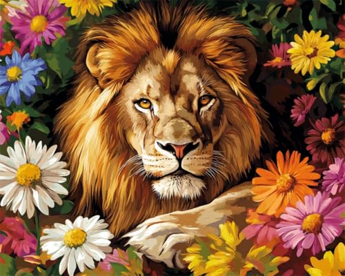 AMBATTERY Teppich Selber Machen Cartoon Löwe Tier Und Blumen Knüpfteppich Für Erwachsene Zum Selber Knüpfen，DIY Knüpfsets Kreuzstich Teppich Set Mit Werkzeug Latch Hook Kit 52x38cm von AMBATTERY