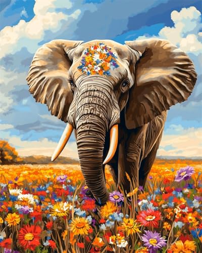 AMBATTERY Teppich Selber Machen Fantasie Elefant Und Blumen Tapisserie Teppich Knüpf-Sets Kreuzstich Kit Knüpfen Set Für Erwachsene DIY Handwerk Geschenke Fußabtreter 21x29in von AMBATTERY