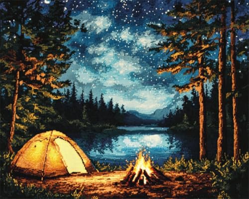 AMBATTERY Teppich Selber Machen Zeltlandschaft Am Seeufer Bei Nacht Knüpfset Mit Werkzeug Latch Hook Kit Knüpfteppich 3D Knüpfmatte Zum Selber Knüpfen Teppich Für Erwachsene Oder Anfänger 35x46in von AMBATTERY