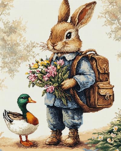 AMBATTERY Tier DIY Set Erwachsene Karikatur Hase Handgemachtes Selbstknoten-Set, Großer Riegelhakenteppich, Vorgedruckter Muster-Leinwandteppich, Stickerei Handwerk Für Erwachsene 20x15in von AMBATTERY