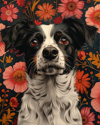 DIY Handarbeit Setborder Collie Tier Und Blumen Knüpfteppich Set Für Erwachsene Zum Selber，Teppich Rasthaken Knüpfen Set Mit Vordruck，DIY 3D Handwerk Geschenk 35x46in von AMBATTERY
