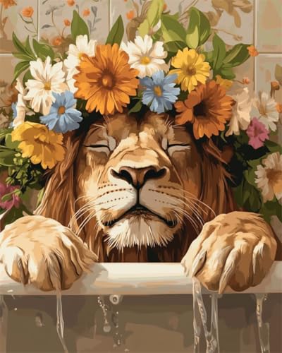 DIY Knüpfteppich Set Löwe，Tier，Und，Blumen Handarbeit Set Knüpfen Teppich Knüpfen Kreuzstich Kits Für Erwachsene Oder Anfänger Knüpfteppich Kit Groß 31x63in von AMBATTERY