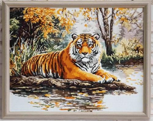 DIY Set Erwachsene Tigertier Am Fluss Tapisserie Teppich Knüpf-Sets Kreuzstich Kit Knüpfen Set Für Erwachsene DIY Handwerk Geschenke Fußabtreter 31x63in von AMBATTERY