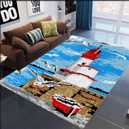 Knüpfhaken-Bastelsets Leuchtturmlandschaft am Meer Verriegelungshaken Teppich Kits für Erwachsene Kinder Bedruckte Leinwand Häkeln Handarbeit Handwerk Teppich Kissen Matte Wandteppich 20x15in von AMBATTERY