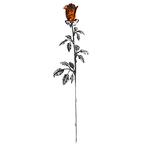 AMBEDORA Eternal Rose 925 Silber Oxidierte Rose Baltischer Bernstein Handgeschnitzt Große Silberrose mit Bernsteinkopf in Cognac Farbe 15 cm von AMBEDORA