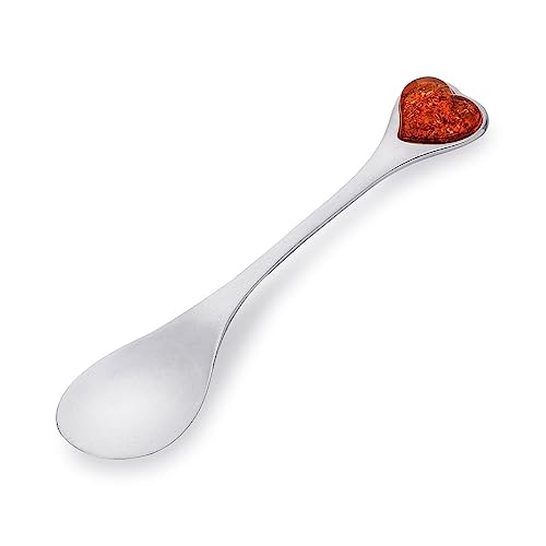 AMBEDORA Löffel Größe M, Sterling Silber Poliert Baltischer Bernstein Herz Medium Silberlöffel mit Bernstein Herz, Geschenk für Taufe Hochzeitstag Geburtstag Jubiläum von AMBEDORA