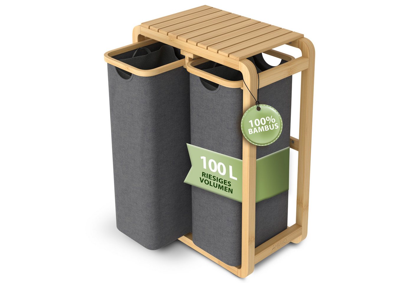 AMBIAVO Wäschekorb 2 Fächer mit waschbaren Baumwollsäcken, 100 L Volumen, stabiler 3x3 cm Bambusrahmen, innovatives Design von AMBIAVO