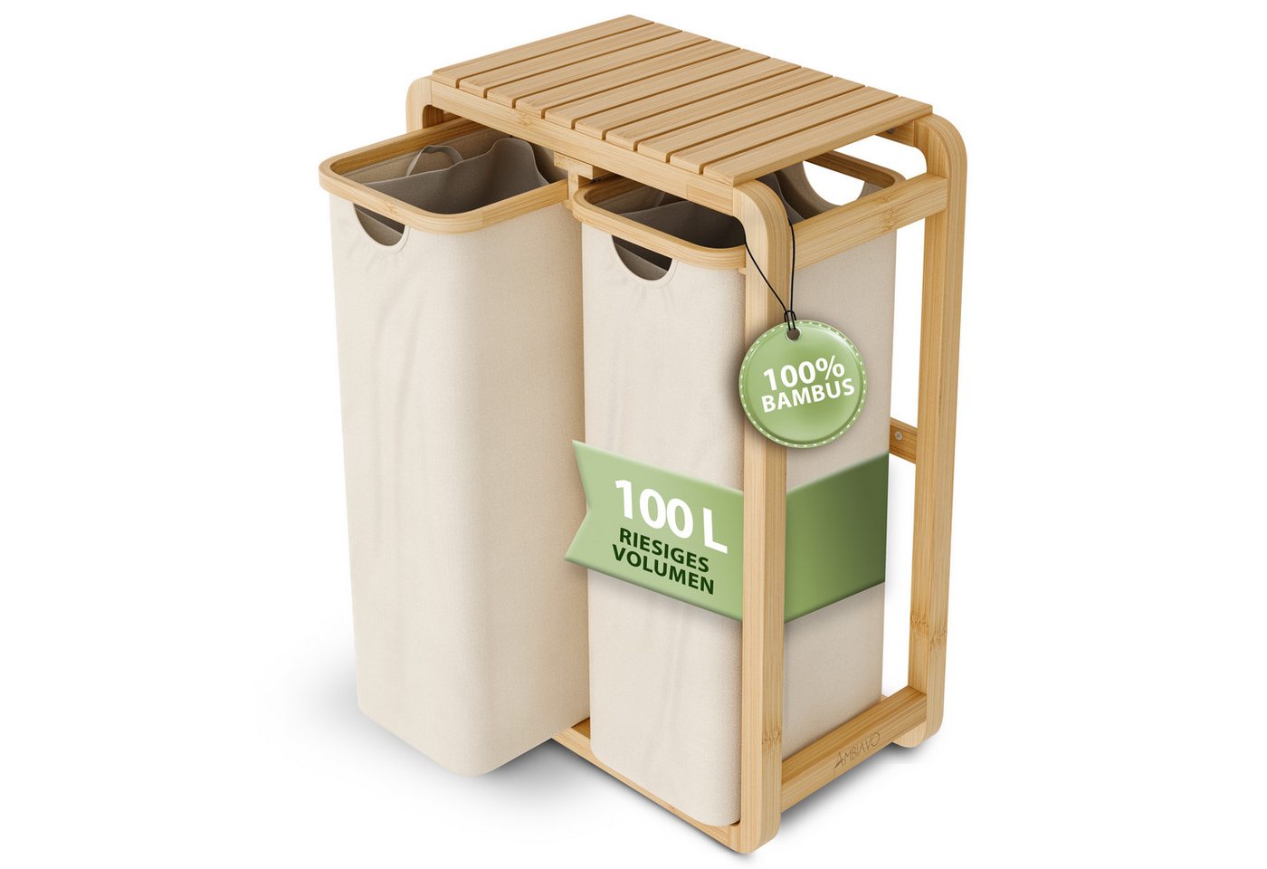 AMBIAVO Wäschekorb 2 Fächer mit waschbaren Baumwollsäcken, 100 L Volumen, stabiler 3x3 cm Bambusrahmen, innovatives Design von AMBIAVO