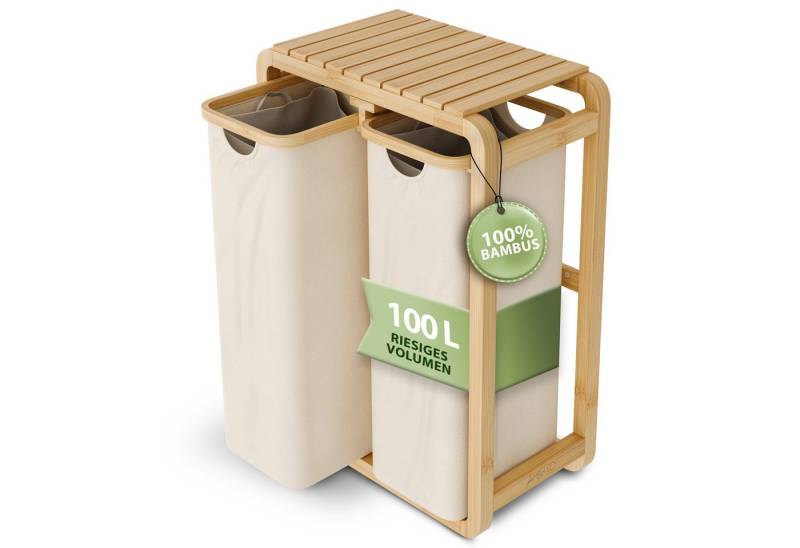 AMBIAVO Wäschekorb 2 Fächer mit waschbaren Baumwollsäcken, 100 L Volumen, stabiler 3x3 cm Bambusrahmen, innovatives Design von AMBIAVO