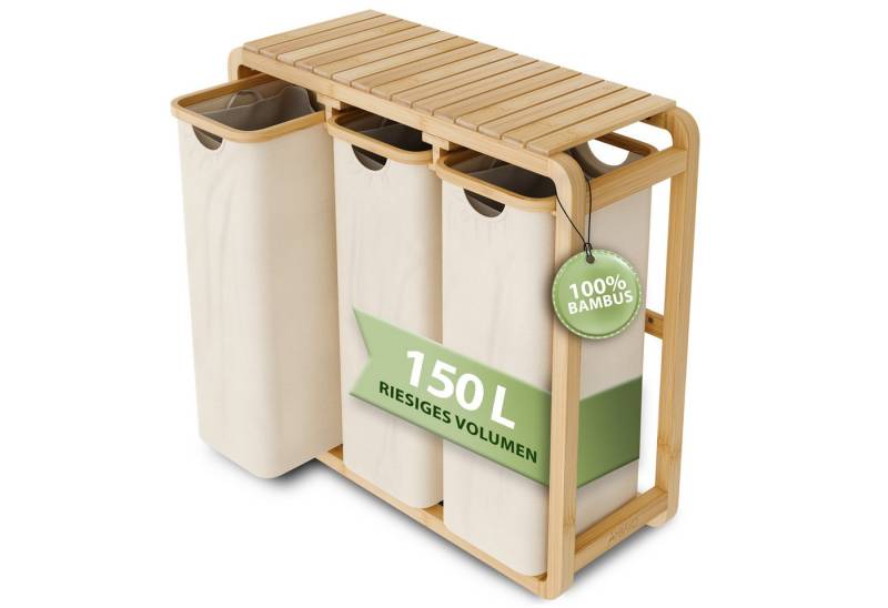 AMBIAVO Wäschekorb 3 Fächer mit waschbaren Baumwollsäcken (grau), 150 L Volumen, stabiler 3x3 cm Bambusrahmen, innovatives Design von AMBIAVO