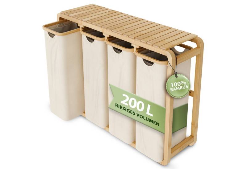 AMBIAVO Wäschekorb 4 Fächer mit waschbaren Baumwollsäcken (grau), 200 L Volumen, stabiler 3x3 cm Bambusrahmen, innovatives Design von AMBIAVO