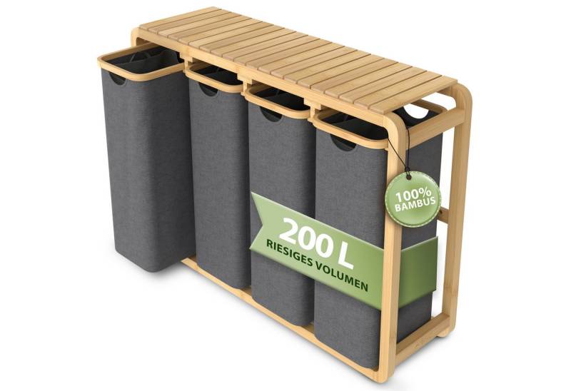 AMBIAVO Wäschekorb 4 Fächer mit waschbaren Baumwollsäcken (grau), 200 L Volumen, stabiler 3x3 cm Bambusrahmen, innovatives Design von AMBIAVO