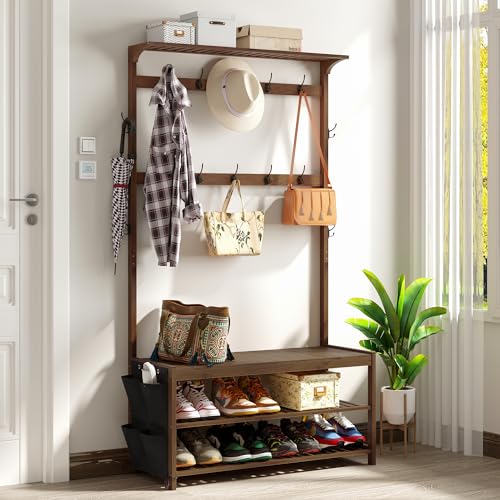 AMBIRD Garderobe aus Bambus Flurbaum mit Schuhbank und Regalen 6-in-1 Garderoben-Ständer mit Aufbewahrungstaschen und 14 Haken | Großformatige Maße in Braun, 100x40x180 cm von AMBIRD