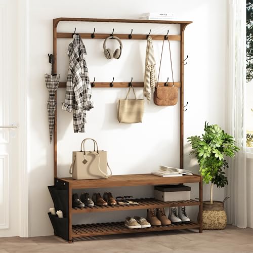 AMBIRD Garderobe aus Bambus Flurbaum mit Schuhbank und Regalen 6-in-1 Garderoben-Ständer mit Aufbewahrungstaschen und 14 Haken | Großformatige Maße in Braun, 119x40x180 cm von AMBIRD