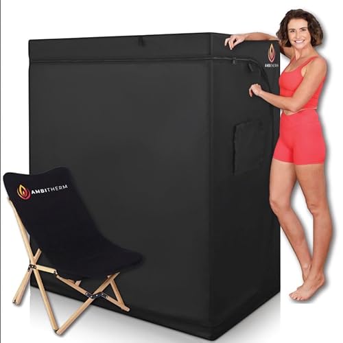 AMBITHERM Extra große tragbare Infrarot Sauna - Großes Infrarot Saunazelt, + 50% Beinfreiheit, warme Entspannung mit 6 Infrarot-Heizpaneelen; Bequemer Hochlehner Holzstuhl von AMBITHERM