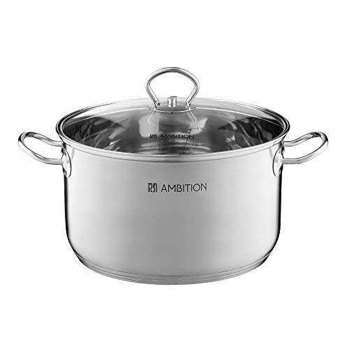 AMBITION Kochtopf Acero 24 cm / 6,4 L Edelstahl Topf Suppentopf Niedrigtopf Deckel alle Herdarten Induktion Spülmaschine Maßstab innen von AMBITION